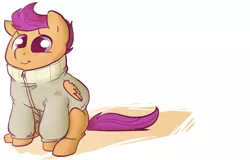 Size: 571x365 | Tagged: safe, artist:briskby, artist:rustydooks, derpibooru import, scootaloo, pegasus, pony, clothes, female, filly, foal, hooves, jacket, sitting, smiling, solo, wings