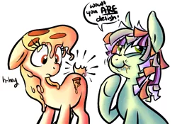 Size: 751x526 | Tagged: artist:briskby, artist:rustydooks, coleslaw pony, derpibooru import, eating, food pony, oc, oc:cabbage bitch, oc:mozzarella orgy, original species, pizza, pizza pony, safe, unofficial characters only