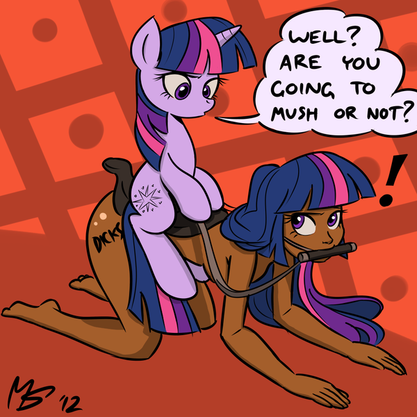 Size: 962x962 | Tagged: questionable, artist:ashesg, artist:megasweet, derpibooru import, twilight sparkle, pony, unicorn, bit, breasts, dark skin, female, femdom, femsub, human ponidox, humanized, humansub, image, nudity, png, ponies riding humans, pony play, ponydom, reins, saddle, submissive, unicorn twilight