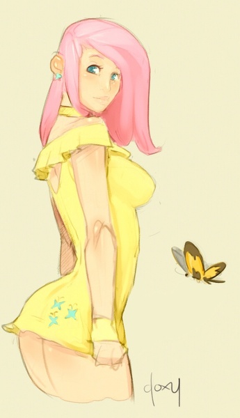 Size: 573x997 | Tagged: artist:doxy, breasts, butterfly, clothes, derpibooru import, dress, ear piercing, earring, female, fluttershy, human, humanized, jewelry, light skin, looking at you, piercing, simple background, solo, solo female, suggestive, yellow background