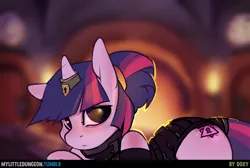Size: 1280x860 | Tagged: dead source, suggestive, artist:doxy, derpibooru import, twilight sparkle, pony, unicorn, my little dungeon, blushing, bondage, clothes, cutiemarking, female, horn ring, looking at you, magic suppression, solo, solo female, tail wrap