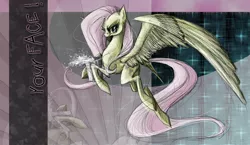 Size: 890x517 | Tagged: safe, artist:nastylady, derpibooru import, fluttershy, pegasus, pony, abstract background, bucket, discorded, female, flutterbitch, flying, mare, photoshop, solo