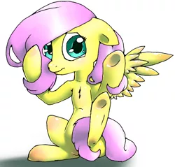 Size: 470x450 | Tagged: safe, artist:kiruki1999, derpibooru import, fluttershy, pegasus, pony, female, floppy ears, looking at you, mare, simple background, sitting, solo, spread wings, strategically covered, tail censor, three quarter view, white background, wings