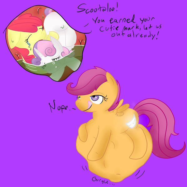 Size: 1000x1000 | Tagged: questionable, semi-grimdark, artist:emeraldfur, derpibooru import, apple bloom, scootaloo, sweetie belle, earth pony, pegasus, pony, unicorn, belly, belly bed, bubble, crying, cutie mark crusaders, digestion, eaten alive, fetish, filly, imminent death, internal, licking, licking lips, scootapred, soft vore, stomach acid, tongue out, vore