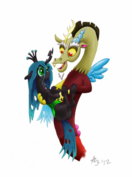 Size: 768x1024 | Tagged: artist:a8702131, changeling, changeling queen, derpibooru import, discolis, discord, female, male, queen chrysalis, safe, shipping, simple background, straight, white background