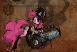 Size: 900x600 | Tagged: safe, artist:nastylady, derpibooru import, pinkie pie, earth pony, pony, abstract background, cannon, clothes, female, gun, hat, mare, partillery, party cannon, photoshop, scope, solo, steampunk, top hat, weapon