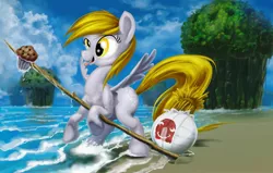 Size: 2362x1500 | Tagged: source needed, safe, artist:changeunism, derpibooru import, derpy hooves, pegasus, pony, beach, cast away, crossover, female, island, mare, muffin, ocean, open mouth, solo, spear, tongue out, volleyball, water, wilson (cast away)