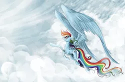 Size: 1500x982 | Tagged: safe, artist:nastylady, derpibooru import, rainbow dash, pegasus, pony, cloud, female, flying, large wings, mare, photoshop, sky, solo