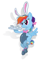 Size: 472x768 | Tagged: artist:changeunism, bunny ears, bunny suit, clothes, derpibooru import, fishnets, leotard, rainbow dash, safe, simple background, solo, stockings, tea, transparent background, waitress