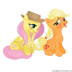 Size: 640x640 | Tagged: safe, artist:bri-sta, artist:martybpix, derpibooru import, applejack, fluttershy, accessory swap, appleshy, blushing, braid, colored, female, lesbian, mare, shipping, simple background, tongue out