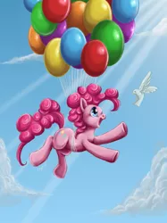 Size: 637x850 | Tagged: artist:ryuza, balloon, bird, cloud, cloudy, derpibooru import, dove, pinkie pie, safe, then watch her balloons lift her up to the sky