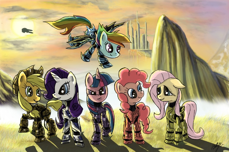 Size: 1900x1264 | Tagged: safe, artist:cobilly, derpibooru import, applejack, fluttershy, pinkie pie, rainbow dash, rarity, twilight sparkle, earth pony, pegasus, pony, unicorn, canterlot, crossover, female, floppy ears, halo (series), halo reach, looking at each other, looking at you, mane six, mare, photoshop, scenery, sky