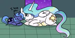 Size: 798x406 | Tagged: safe, artist:ponygoggles, derpibooru import, princess celestia, princess luna, alicorn, pony, crying, cute, duo, duo female, eyes closed, female, filly, mare, open mouth, prone, s1 luna, smiling