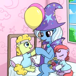 Size: 1000x1000 | Tagged: artist:madmax, balloon, bed, derpibooru import, flower, foal, hospital, safe, trixie