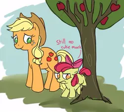 Size: 474x427 | Tagged: safe, artist:ponygoggles, derpibooru import, apple bloom, applejack, earth pony, pony, apple sisters, bucking, duo, duo female, female, filly, foal, mare, no pupils, paint tool sai, siblings, sisters, tree