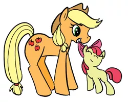 Size: 494x396 | Tagged: safe, artist:ponygoggles, derpibooru import, apple bloom, applejack, earth pony, pony, adobe imageready, apple sisters, duo, duo female, eyes closed, female, filly, foal, mare, mouth hold, photoshop, siblings, simple background, sisters, white background