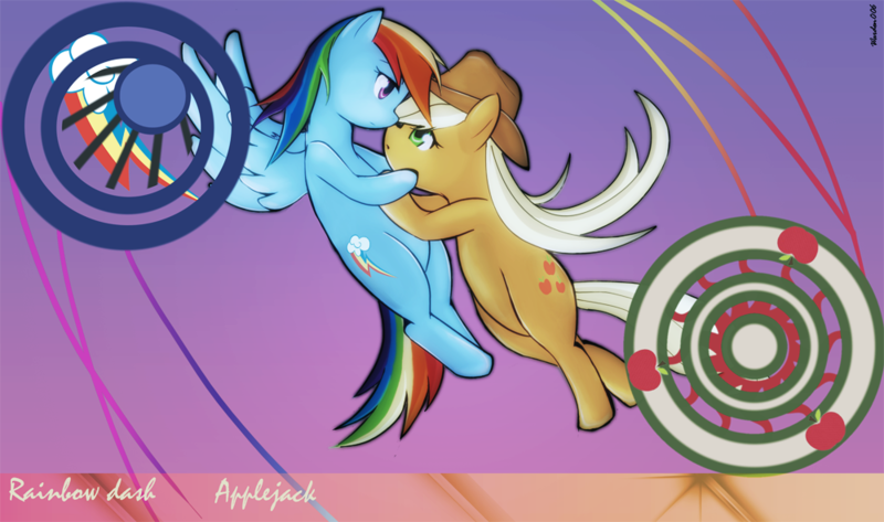 Size: 1000x591 | Tagged: safe, artist:warden006, derpibooru import, applejack, rainbow dash, appledash, female, kannazuki no miko, lesbian, mare, parody, shipping