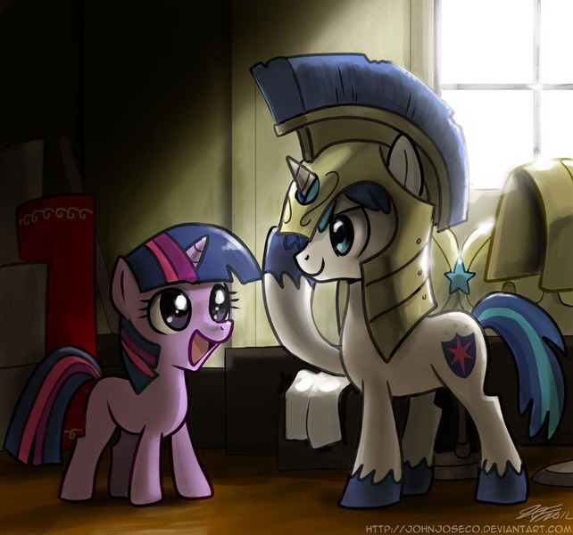 Size: 900x841 | Tagged: armor, artist:johnjoseco, colt, derpibooru import, filly, foal, helmet, safe, salute, shining armor, twilight sparkle, younger