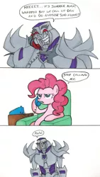 Size: 672x1189 | Tagged: safe, artist:thedarklordkeisha, derpibooru import, pinkie pie, annoyed, armchair, comic, dan vs, emotional damage, half-lidded eyes, happy, hot nuts, image, jpeg, megatron, phone, reference to another series, sad, simple background, smiling, speech bubble, stop calling me, teeth, telephone, transformers, transformers prime, white background