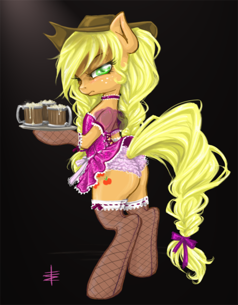 Size: 701x900 | Tagged: questionable, artist:tt-n, derpibooru import, applejack, earth pony, pony, alcohol, alternate hairstyle, apron, beer, bipedal, braid, braided tail, clothes, dress, drink, female, fishnets, food, frilly underwear, glare, looking at you, loose hair, mare, panties, pink underwear, skirt, solo, solo female, stockings, underwear, upskirt, waitress