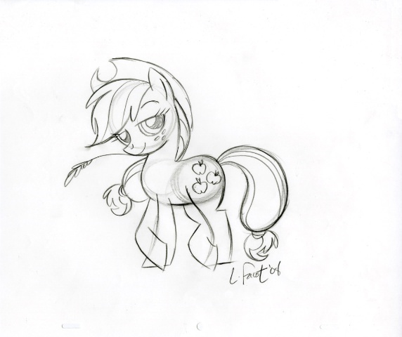 Size: 572x480 | Tagged: applejack, artist:lauren faust, behind the scenes, color me, concept art, derpibooru import, monochrome, safe, solo