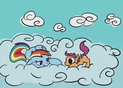 Size: 738x528 | Tagged: safe, artist:ponygoggles, derpibooru import, rainbow dash, scootaloo, pegasus, pony, blank flank, cloud, duo, duo female, eye contact, female, filly, floppy ears, foal, hooves, looking at each other, lying on a cloud, mare, no pupils, on a cloud, prone, scootalove, side, smiling, wings