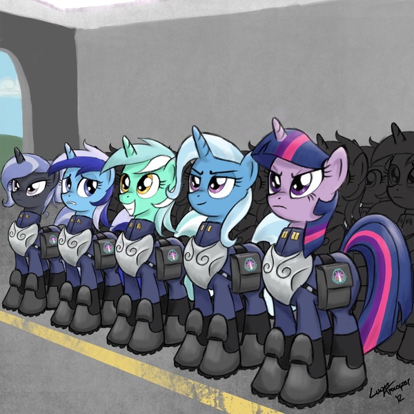 Size: 1200x1200 | Tagged: safe, artist:lunarapologist, derpibooru import, lyra heartstrings, minuette, trixie, twilight sparkle, oc, unicorn, armor, army, captain, clothes, corporal, irrational exuberance, rank, saddle bag, sergeant, uniform