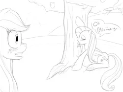 Size: 1600x1200 | Tagged: suggestive, artist:basharoonskis, derpibooru import, applejack, bloomberg, fluttershy, earth pony, pegasus, pony, fanfic:i'd like to be a tree, blushing, clopfic, crack shipping, dendrophilia, drool, eyes closed, fanfic art, female, gritted teeth, licking, male, mare, monochrome, open mouth, shipping, sitting, sketch, straight, tongue out, tree, wat, wide eyes