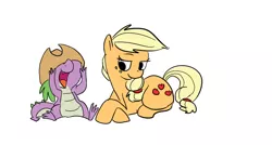 Size: 1134x610 | Tagged: safe, artist:ponygoggles, derpibooru import, applejack, spike, dragon, earth pony, pony, accessory swap, applejack's hat, applespike, baby, baby dragon, cowboy hat, cute, cutie mark, female, hat, male, mare, open mouth, palindrome get, prone, shipping, simple background, sitting, spikabetes, stetson, straight, white background