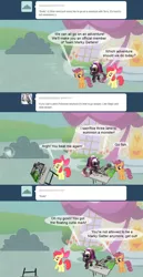 Size: 850x1650 | Tagged: apple bloom, ask raincloud, ask terry, cutie mark crusaders, derpibooru import, friendship is witchcraft, raincloud, safe, scootaloo, sweetie belle, sweetie real, table flip, team marky getters