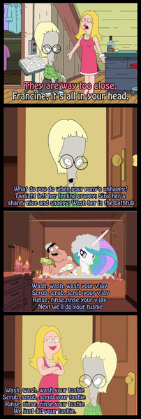 Size: 484x1440 | Tagged: american dad, artist:irie-mangastudios, crossover, derpibooru import, francine smith, princess celestia, princess molestia, roger smith, safe, stan smith