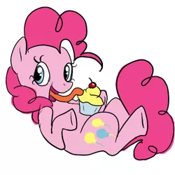 Size: 500x500 | Tagged: safe, artist:ponygoggles, derpibooru import, pinkie pie, earth pony, pony, cupcake, female, licking, mare, on back, simple background, solo, white background