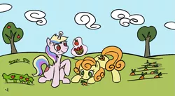 Size: 1037x567 | Tagged: safe, artist:ponygoggles, derpibooru import, carrot top, golden harvest, holly dash, earth pony, pony, unicorn, duo, duo female, female, food, garden, mare, no pupils, strawberry