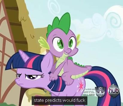 Size: 411x353 | Tagged: suggestive, derpibooru import, edit, edited screencap, screencap, spike, twilight sparkle, dragon, pony, unicorn, caption, dragons riding ponies, female, implied sex, male, mare, meme, riding, vulgar, youtube caption