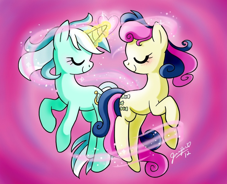 Size: 1589x1289 | Tagged: safe, artist:chibi-jen-hen, derpibooru import, bon bon, lyra heartstrings, sweetie drops, earth pony, pony, unicorn, abstract background, eyes closed, female, heart, lesbian, lyrabon, magic, mare, shipping, smiling