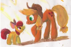Size: 880x582 | Tagged: safe, artist:ponygoggles, derpibooru import, apple bloom, applejack, earth pony, pony, apple sisters, duo, duo female, eye contact, female, filly, foal, looking at each other, mare, siblings, sisters, traditional art