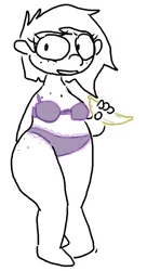 Size: 394x722 | Tagged: artist:the weaver, banana, clothes, derpibooru import, fat, frilly underwear, humanized, panties, purple underwear, rule 63, safe, simple background, snails, solo, spice, underwear, white background