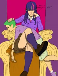 Size: 786x1022 | Tagged: artist:discotecnia ottanta, breasts, clothes, derpibooru import, humanized, petting, skirt, spike, suggestive, throne, throne slouch, twilight sparkle, unamused, young