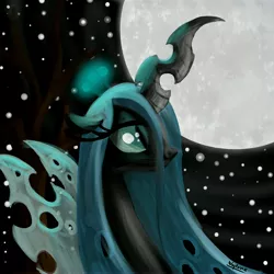 Size: 5000x5000 | Tagged: dead source, safe, artist:wojtovix, derpibooru import, queen chrysalis, changeling, changeling queen, absurd resolution, bust, female, image, jpeg, moon, night, portrait, profile, signature, solo, stars