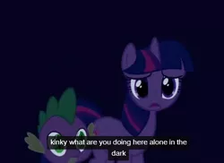 Size: 484x352 | Tagged: safe, derpibooru import, edit, edited screencap, screencap, spike, twilight sparkle, dragon, pony, unicorn, bridle gossip, caption, female, innuendo, kinky, male, mare, youtube caption