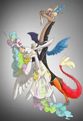 Size: 2310x3355 | Tagged: safe, artist:frankilew, derpibooru import, discord, princess celestia, pony, bipedal, clothes, dancing, dislestia, dress, earring, eyes closed, female, floppy ears, high res, male, open mouth, phantom of the opera, shipping, smiling, spread wings, straight, tango, wide eyes, wink