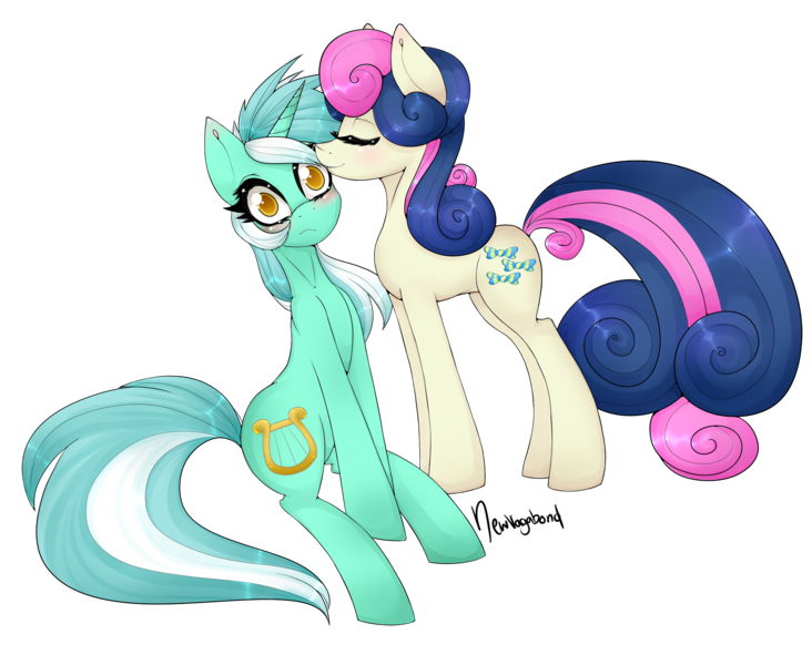 Size: 2251x1845 | Tagged: safe, artist:newvagabond, derpibooru import, bon bon, lyra heartstrings, sweetie drops, blushing, female, lesbian, lyrabon, mare, shipping, simple background, transparent background