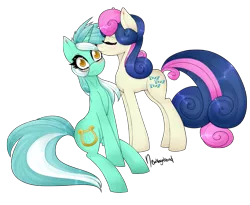 Size: 2251x1845 | Tagged: safe, artist:newvagabond, derpibooru import, bon bon, lyra heartstrings, sweetie drops, blushing, female, lesbian, lyrabon, mare, shipping, simple background, transparent background