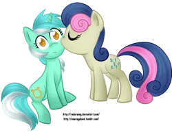 Size: 900x695 | Tagged: safe, artist:newvagabond, derpibooru import, bon bon, lyra heartstrings, sweetie drops, female, kissing, lesbian, lyrabon, mare, shipping