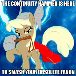 Size: 522x520 | Tagged: canon, continuity hammer, crossover, derpibooru import, fanon, image macro, mjölna, mouth hold, safe, solo, thor, weapon