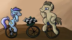 Size: 817x453 | Tagged: safe, artist:ponygoggles, derpibooru import, doctor whooves, minuette, time turner, earth pony, pony, chess, context is for the weak, duo, female, male, mare, no pupils, romana, stallion, unicycle