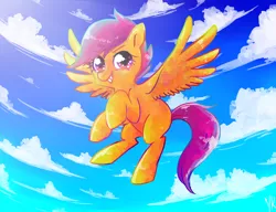 Size: 1300x1000 | Tagged: dead source, safe, artist:dotoriii, derpibooru import, scootaloo, pegasus, pony, blank flank, cloud, female, filly, flying, foal, hooves, scootaloo can fly, sky, smiling, solo, spread wings, teeth, wings