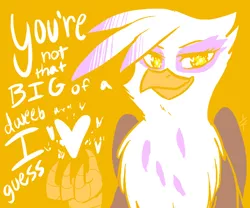 Size: 600x500 | Tagged: dead source, safe, artist:dotoriii, derpibooru import, gilda, gryphon, female, heart, image, looking at you, png, quadrupedal, smiling, smiling at you, smug, solo, talking to viewer, valentine