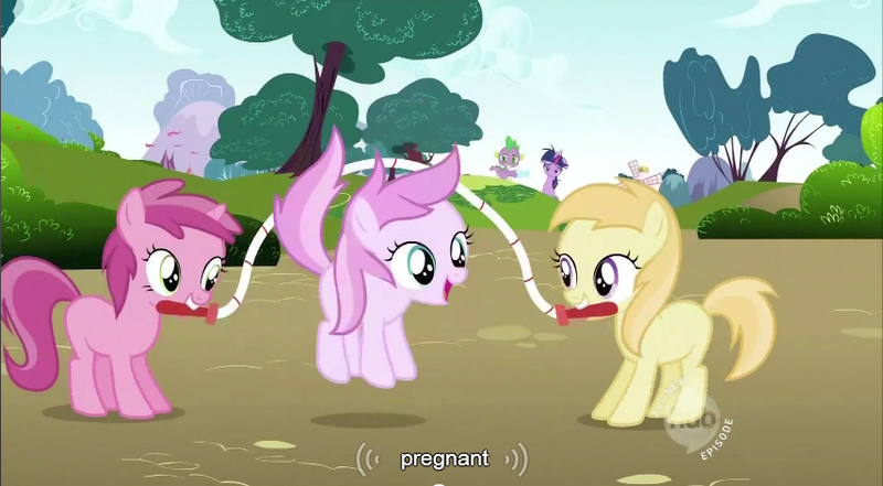 Size: 855x471 | Tagged: applecore, caption, derpibooru import, hub logo, lesson zero, noi, piña colada, piña cutelada, pregnant, ruby pinch, safe, screencap, spike, twilight sparkle, youtube caption