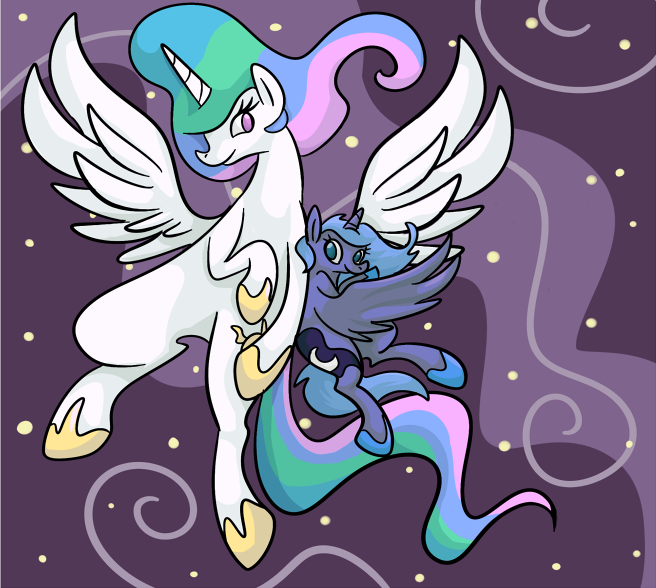 Size: 656x588 | Tagged: safe, artist:ponygoggles, derpibooru import, princess celestia, princess luna, alicorn, pony, big sislestia, duo, duo female, female, flying, mare, no pupils, royal sisters, s1 luna, size difference